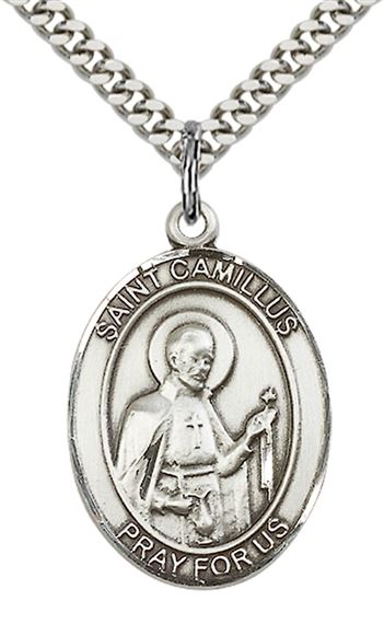 STERLING SILVER ST CAMILLUS OF LELLIS NURSE PENDANT ON A CHAIN - 1" x 3/4"